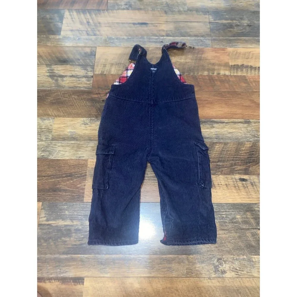 Oshkosh Boys Overalls Navy Corduory Red‎ Plaid Flannel Lining Cargo 18 Months